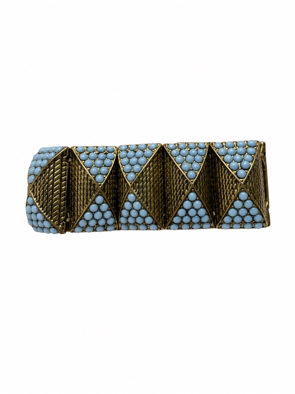 Vintage Antique Brass & Light Blue Beaded Statement Stretch Bracelet